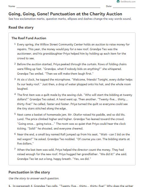 Going, Going, Gone! Punctuation at the Charity Auction worksheet preview