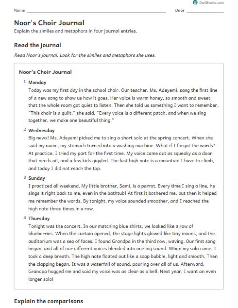 Noor's Choir Journal worksheet preview