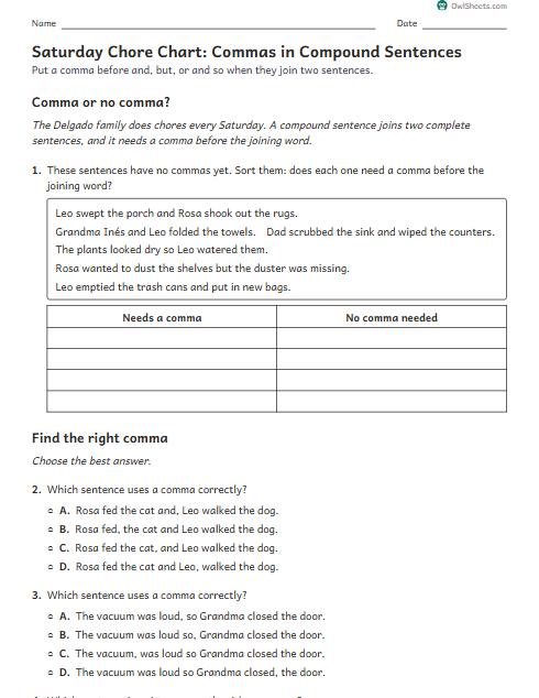 Saturday Chore Chart: Commas in Compound Sentences worksheet preview
