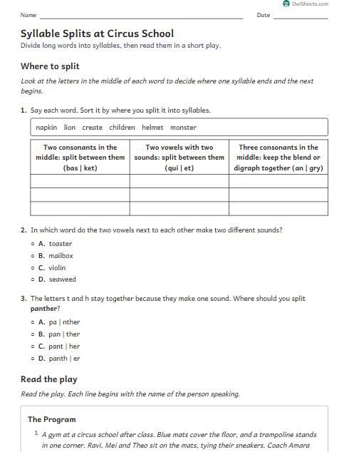 Syllable Splits at Circus School worksheet preview