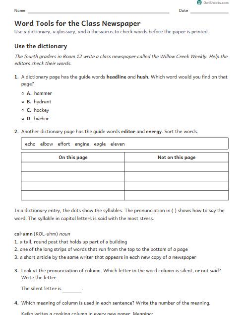 Word Tools for the Class Newspaper worksheet preview