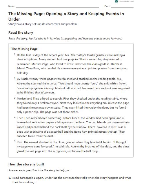 The Missing Page: Opening a Story and Keeping Events in Order worksheet preview