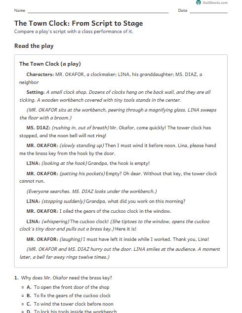 The Town Clock: From Script to Stage worksheet preview