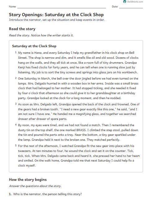 Story Openings: Saturday at the Clock Shop worksheet preview