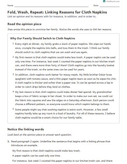 Fold, Wash, Repeat: Linking Reasons for Cloth Napkins worksheet preview
