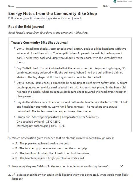 Energy Notes from the Community Bike Shop worksheet preview