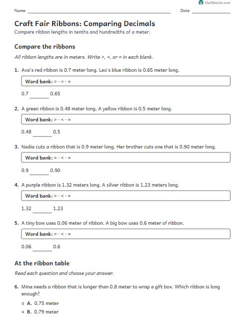 Craft Fair Ribbons: Comparing Decimals worksheet preview