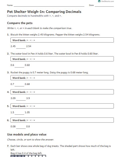 Pet Shelter Weigh-In: Comparing Decimals worksheet preview