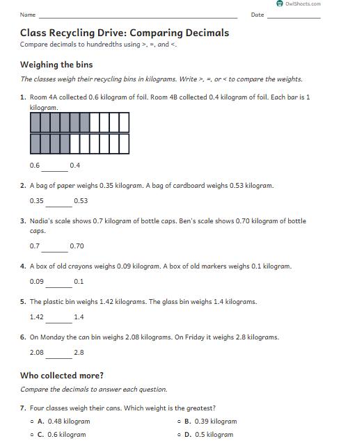 Class Recycling Drive: Comparing Decimals worksheet preview
