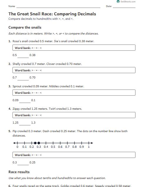 The Great Snail Race: Comparing Decimals worksheet preview