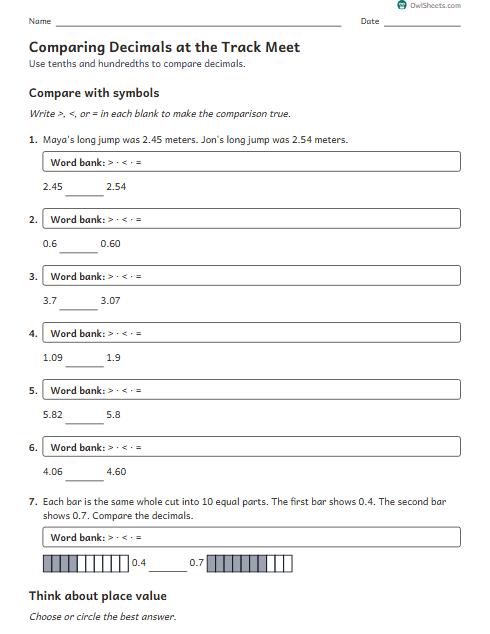 Comparing Decimals at the Track Meet worksheet preview