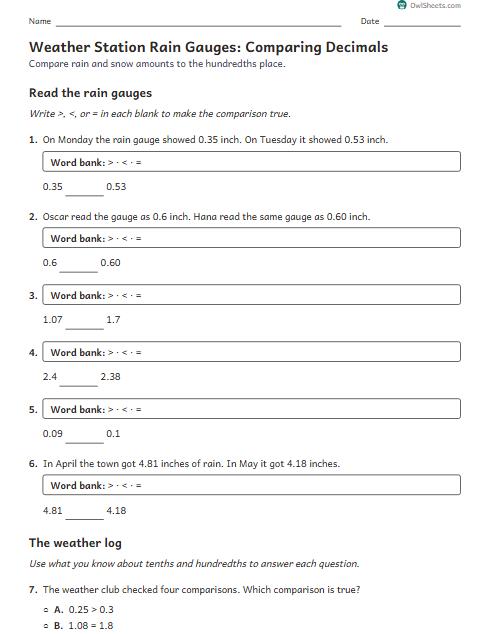Weather Station Rain Gauges: Comparing Decimals worksheet preview