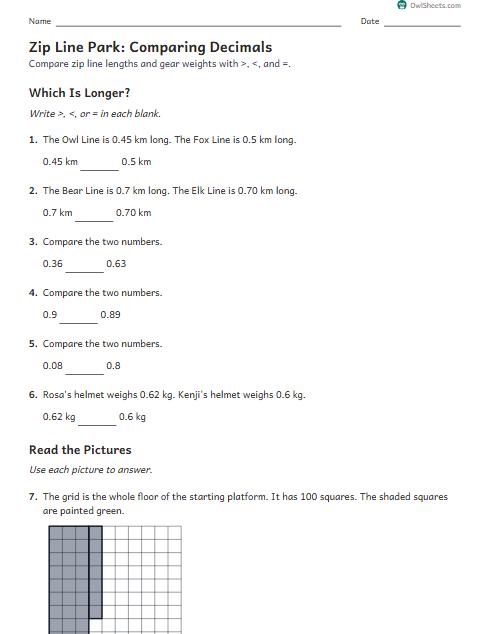 Zip Line Park: Comparing Decimals worksheet preview