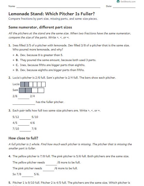 Lemonade Stand: Which Pitcher Is Fuller? worksheet preview