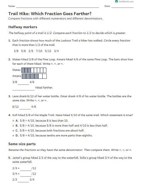 Trail Hike: Which Fraction Goes Farther? worksheet preview