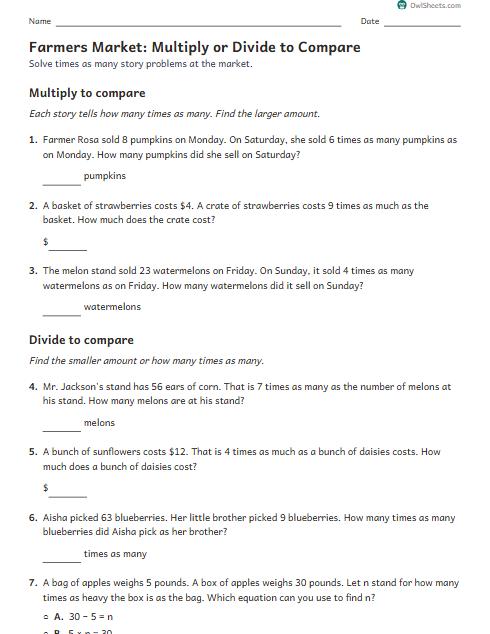 Farmers Market: Multiply or Divide to Compare worksheet preview