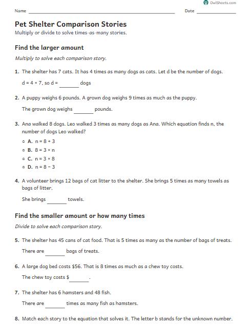 Pet Shelter Comparison Stories worksheet preview