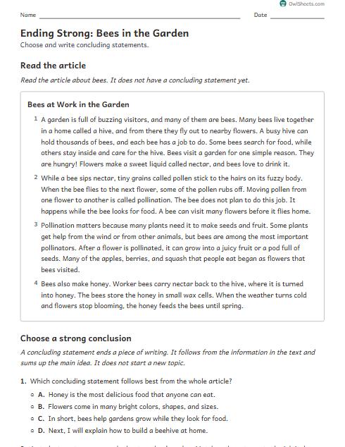 Ending Strong: Bees in the Garden worksheet preview