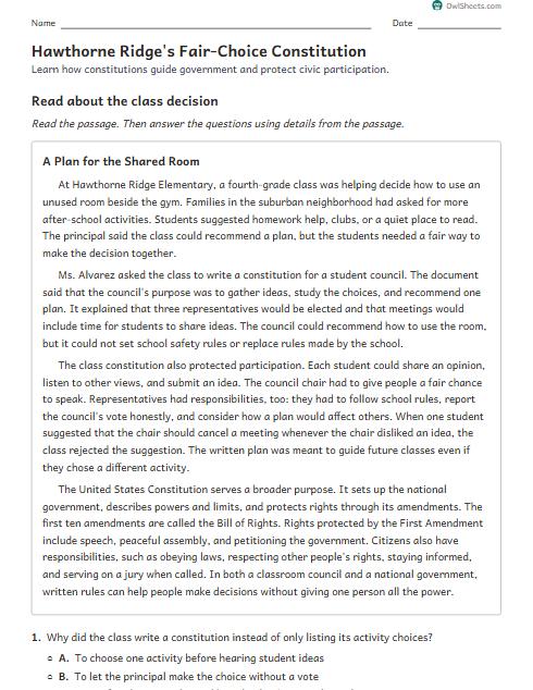 Hawthorne Ridge's Fair-Choice Constitution worksheet preview