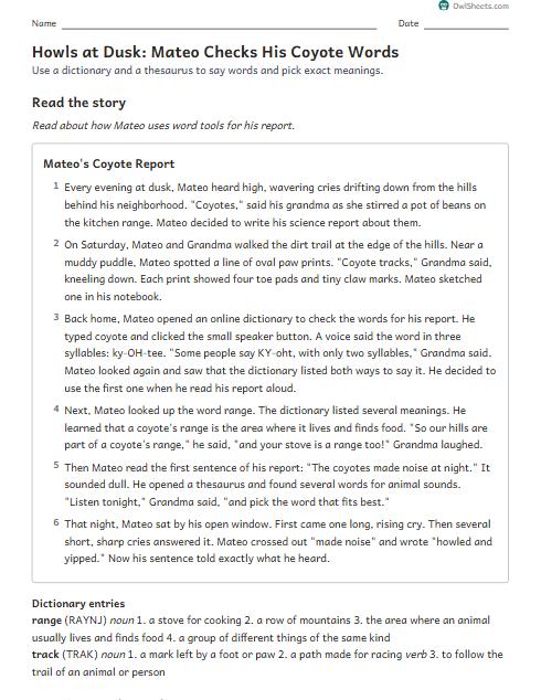 Howls at Dusk: Mateo Checks His Coyote Words worksheet preview