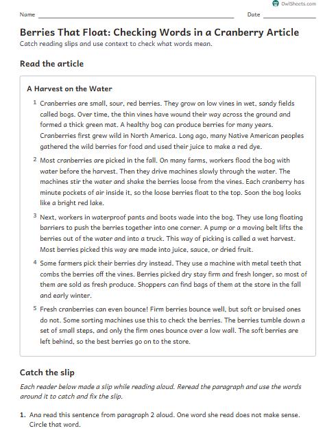 Berries That Float: Checking Words in a Cranberry Article worksheet preview