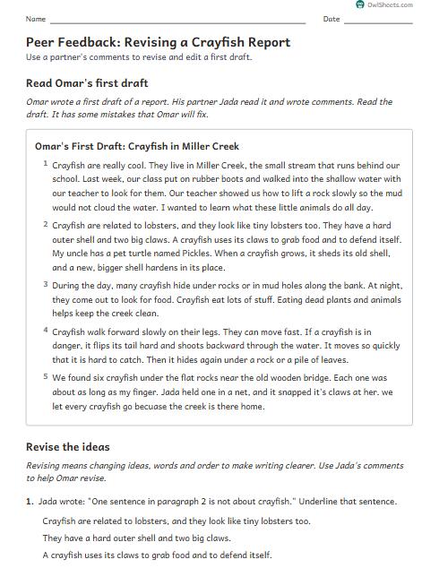 Peer Feedback: Revising a Crayfish Report worksheet preview