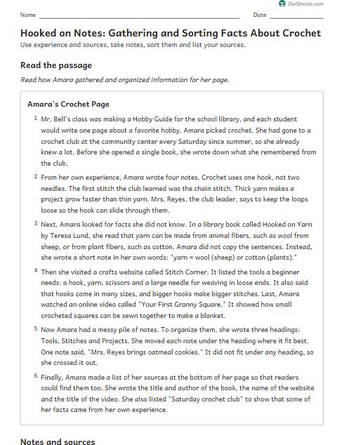 Hooked on Notes: Gathering and Sorting Facts About Crochet worksheet preview