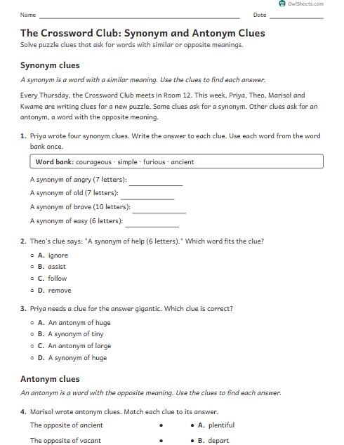 The Crossword Club: Synonym and Antonym Clues worksheet preview
