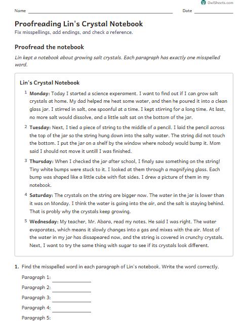 Proofreading Lin's Crystal Notebook worksheet preview