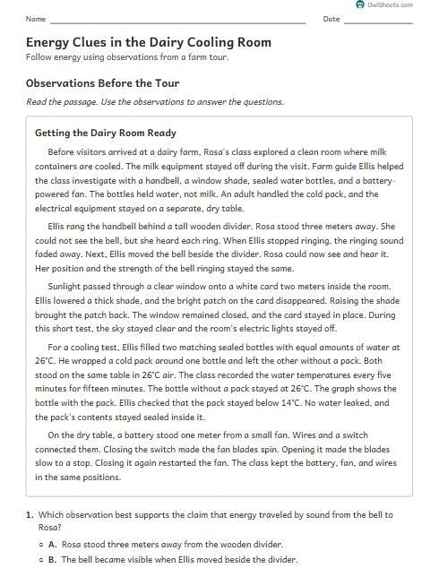 Energy Clues in the Dairy Cooling Room worksheet preview
