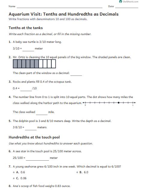 Aquarium Visit: Tenths and Hundredths as Decimals worksheet preview