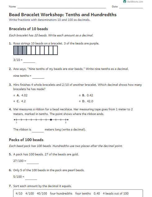 Bead Bracelet Workshop: Tenths and Hundredths worksheet preview