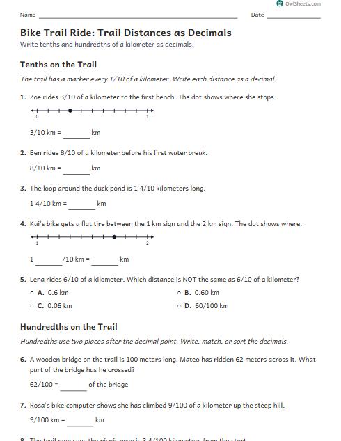 Bike Trail Ride: Trail Distances as Decimals worksheet preview