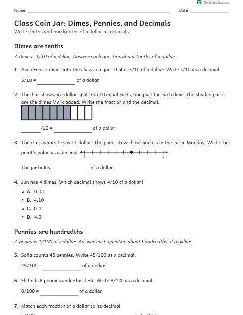 Class Coin Jar: Dimes, Pennies, and Decimals worksheet preview