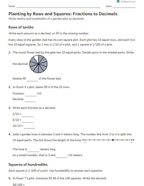 Planting by Rows and Squares: Fractions to Decimals worksheet preview