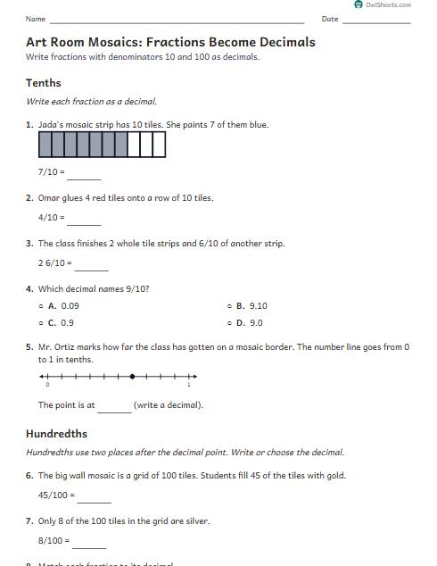 Art Room Mosaics: Fractions Become Decimals worksheet preview