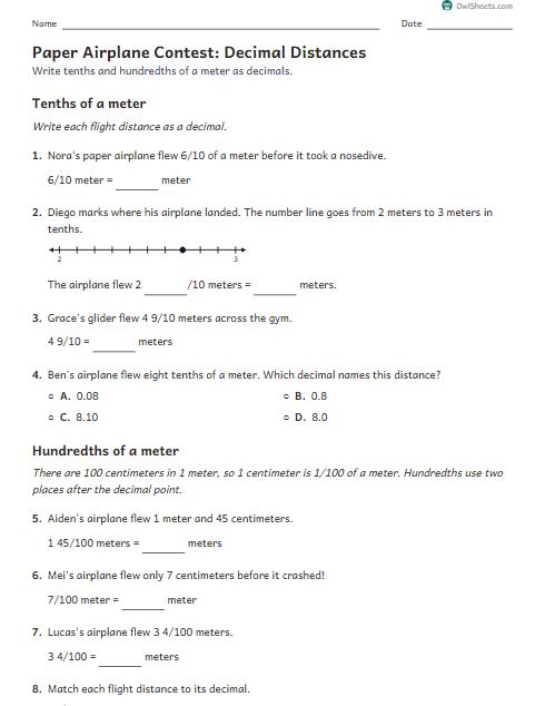Paper Airplane Contest: Decimal Distances worksheet preview