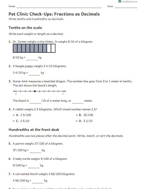 Pet Clinic Check-Ups: Fractions as Decimals worksheet preview