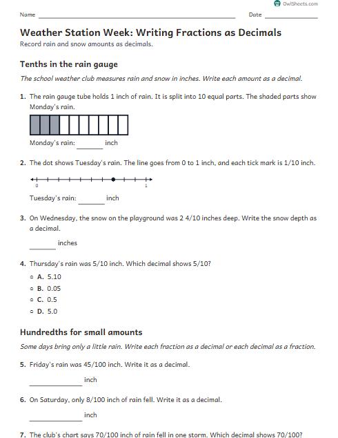 Weather Station Week: Writing Fractions as Decimals worksheet preview