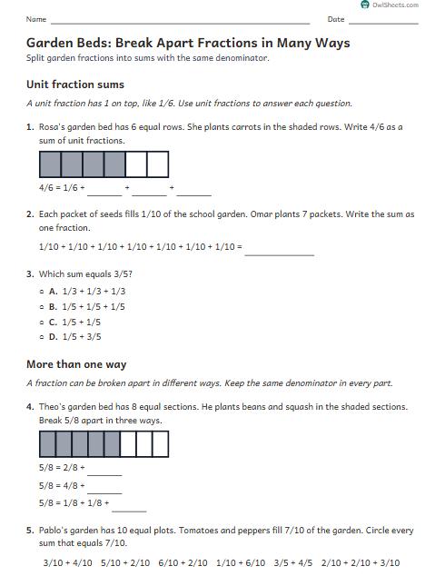 Garden Beds: Break Apart Fractions in Many Ways worksheet preview