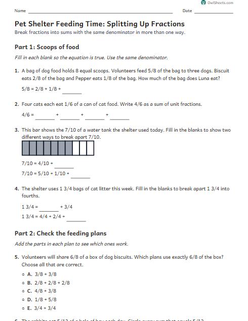 Pet Shelter Feeding Time: Splitting Up Fractions worksheet preview
