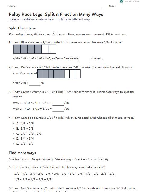 Relay Race Legs: Split a Fraction Many Ways worksheet preview