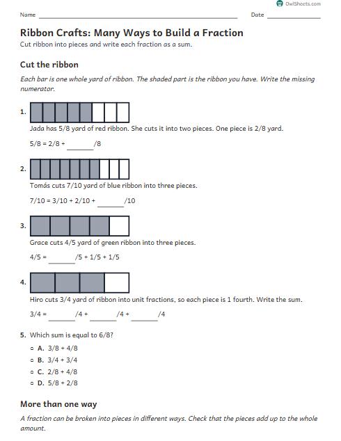 Ribbon Crafts: Many Ways to Build a Fraction worksheet preview