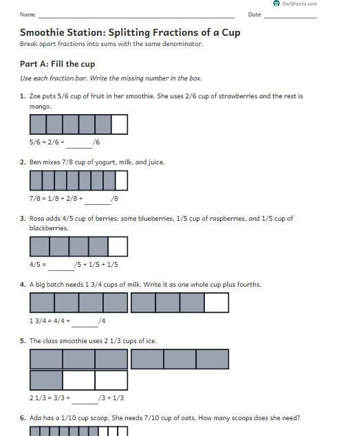 Smoothie Station: Splitting Fractions of a Cup worksheet preview