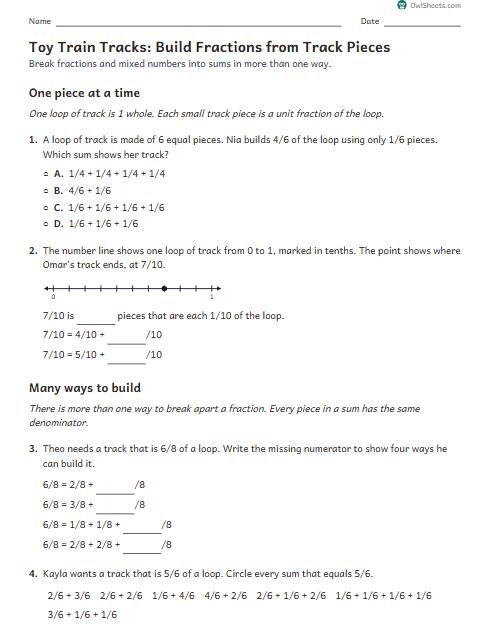 Toy Train Tracks: Build Fractions from Track Pieces worksheet preview