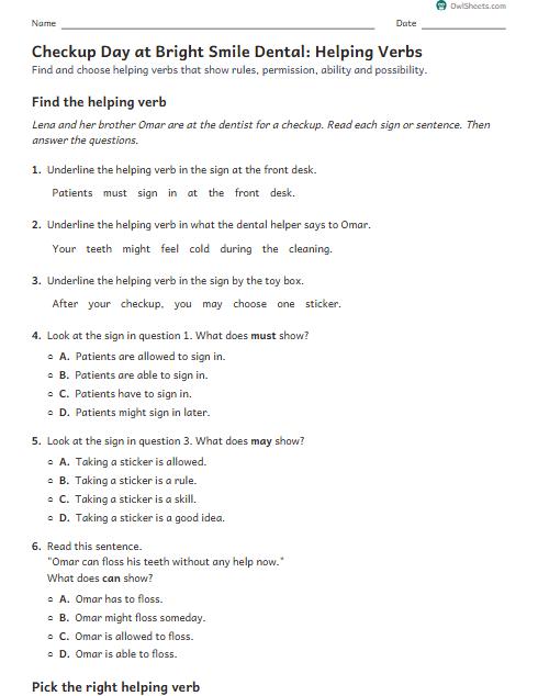 Checkup Day at Bright Smile Dental: Helping Verbs worksheet preview