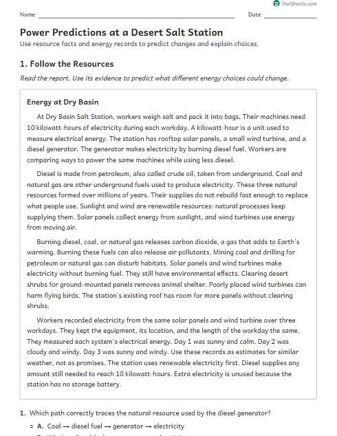 Power Predictions at a Desert Salt Station worksheet preview