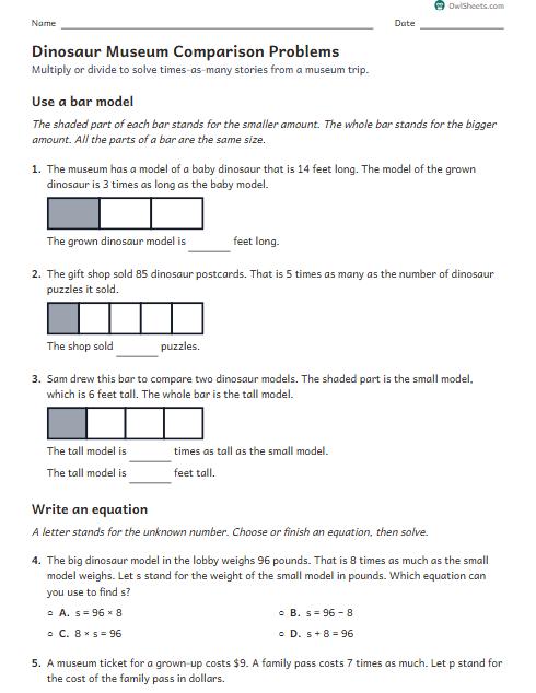 Dinosaur Museum Comparison Problems worksheet preview