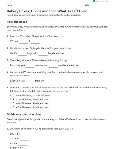Bakery Boxes: Divide and Find What Is Left Over worksheet preview