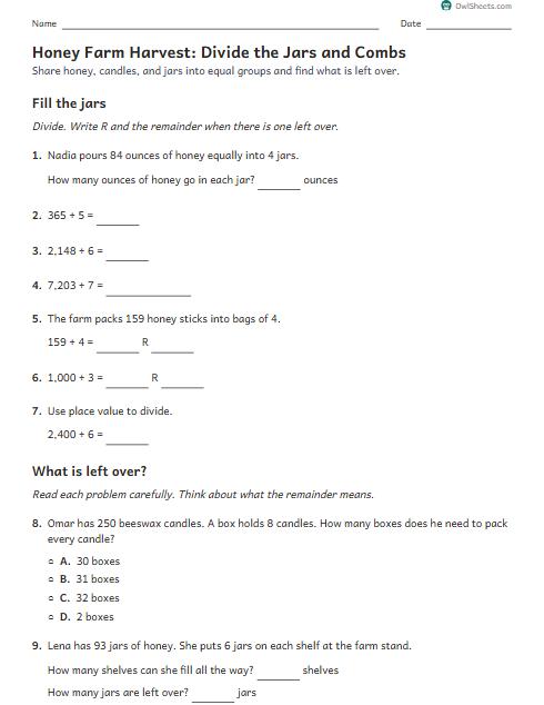Honey Farm Harvest: Divide the Jars and Combs worksheet preview